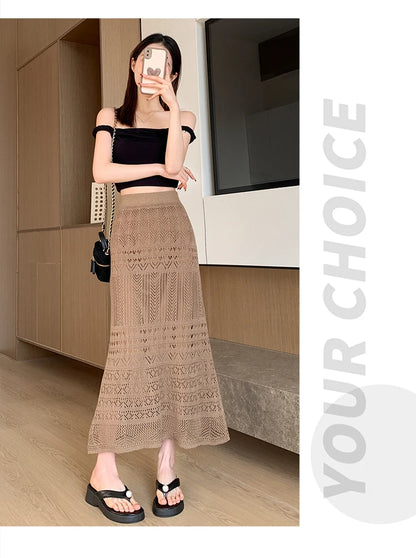Skirts Women Trumpet High Waist Long Skirt Female Summer Elegant Knitted Hollow Out Fahison Skirt Bottom
