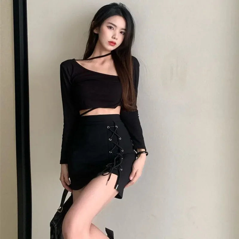 Women Summer Black Skirt Korean Lace Up Skinny Short Skirts High Waist Streetwear Gothic Y2K Bandage Female Skirt New