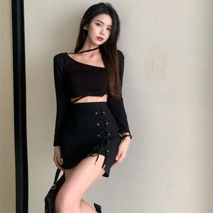 Women Summer Black Skirt Korean Lace Up Skinny Short Skirts High Waist Streetwear Gothic Y2K Bandage Female Skirt New