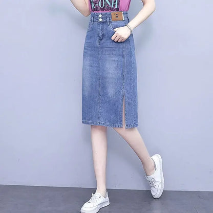 Jeans Skirts for Women Woman Denim Skirt High Waist Midi Maxi Long with Pocket Slit Chubby Modest Quality Luxury Elegant Stylish