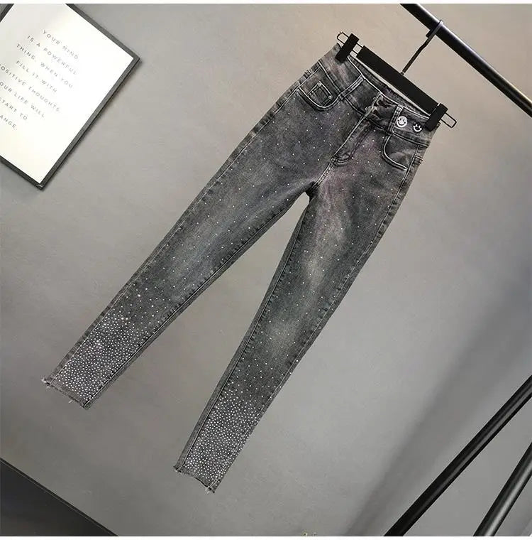 Women's Jeans 2025 Summer New Elastic Slim Heavy Industry Hot Diamond Small Foot Pencil Pants Female Casual Denim Trousers