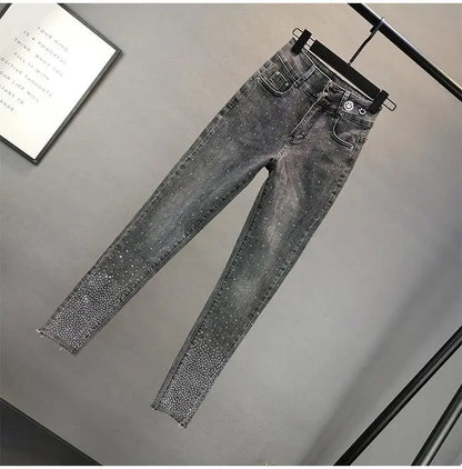 Women's Jeans 2025 Summer New Elastic Slim Heavy Industry Hot Diamond Small Foot Pencil Pants Female Casual Denim Trousers