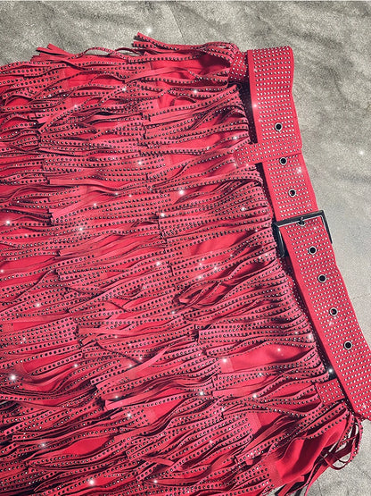 Women Skirt Fashion 2025 New Autumn High Waist Belt Multi Layer Short  Heavy Drilling Rhinestones Fringed Skirt with Cake A Line