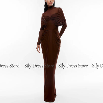 Classic Saudi Women's Evening Dresses Brown Pleat Formal Evening Column&Sheath High Collar Long Dresses 2024