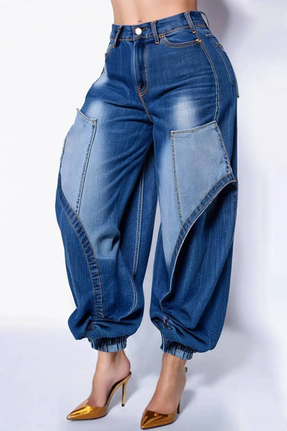 Plus Size Women's Jeans Cargo Pants High Waist Blue Jogging Denim Pants with Pockets 2025