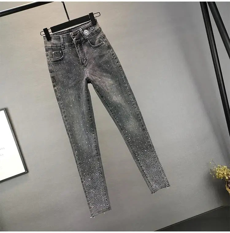 Women's Jeans 2025 Summer New Elastic Slim Heavy Industry Hot Diamond Small Foot Pencil Pants Female Casual Denim Trousers