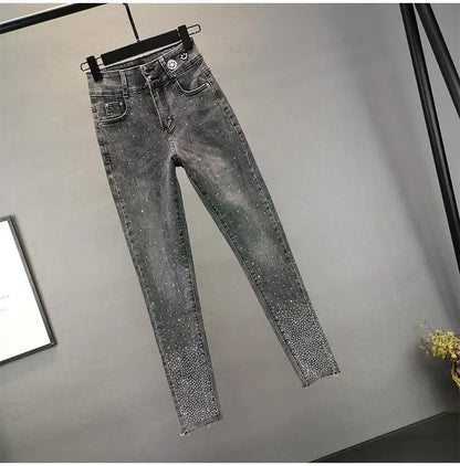 Women's Jeans 2025 Summer New Elastic Slim Heavy Industry Hot Diamond Small Foot Pencil Pants Female Casual Denim Trousers
