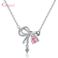 Delicate 925 Sterling Silver Necklaces for Women Sweet Bowknot Pink Zircon Pendant Necklace Holiday Party Fashion Jewelry Gifts