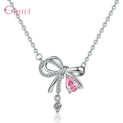 Delicate 925 Sterling Silver Necklaces for Women Sweet Bowknot Pink Zircon Pendant Necklace Holiday Party Fashion Jewelry Gifts