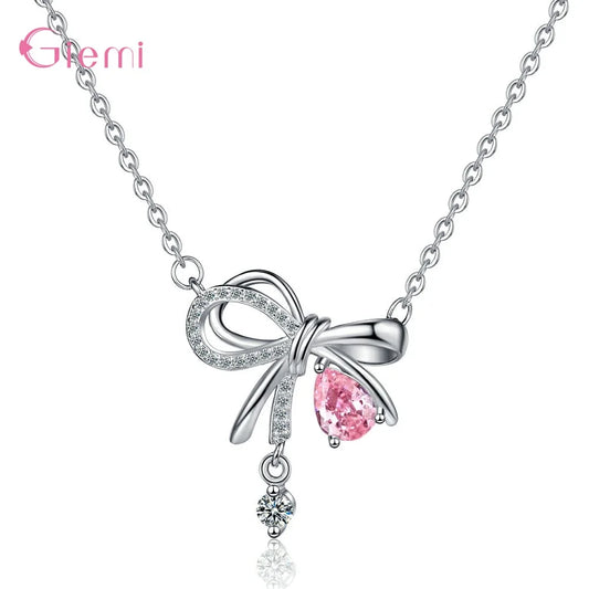 Delicate 925 Sterling Silver Necklaces for Women Sweet Bowknot Pink Zircon Pendant Necklace Holiday Party Fashion Jewelry Gifts