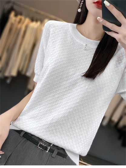 Women's T-shirt Summer 100% Cotton Sweater Short Sleeve Solid Color Round Neck Ladies Tops Loose Blouse Basic Pullover Tees