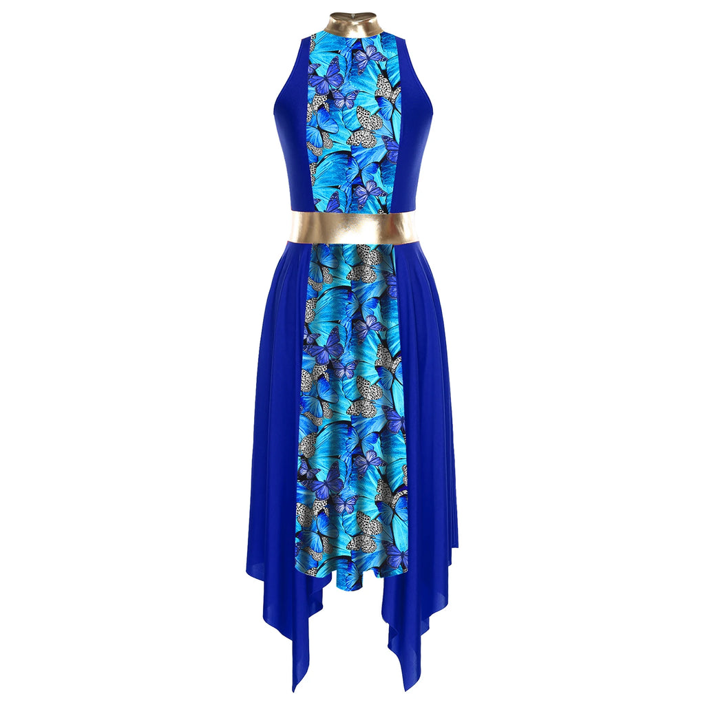 Women Modern Lyrical Dance Dress Church Choir Worship Praise Liturgical Costume Sleeveless Print Irregular Hem Gown Dancewear