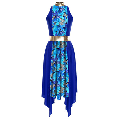 Women Modern Lyrical Dance Dress Church Choir Worship Praise Liturgical Costume Sleeveless Print Irregular Hem Gown Dancewear