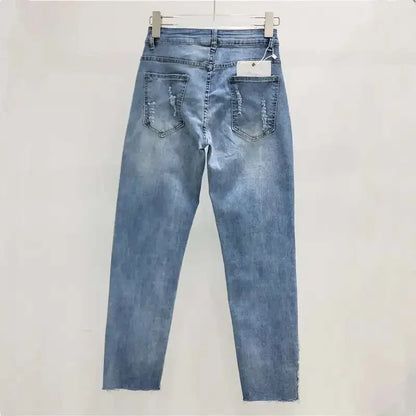 Women's Jeans High Waist Slim Hollow Out Lace Flowers Sequins Stretch Denim Pencil Pants 2025 Summer New Fashion