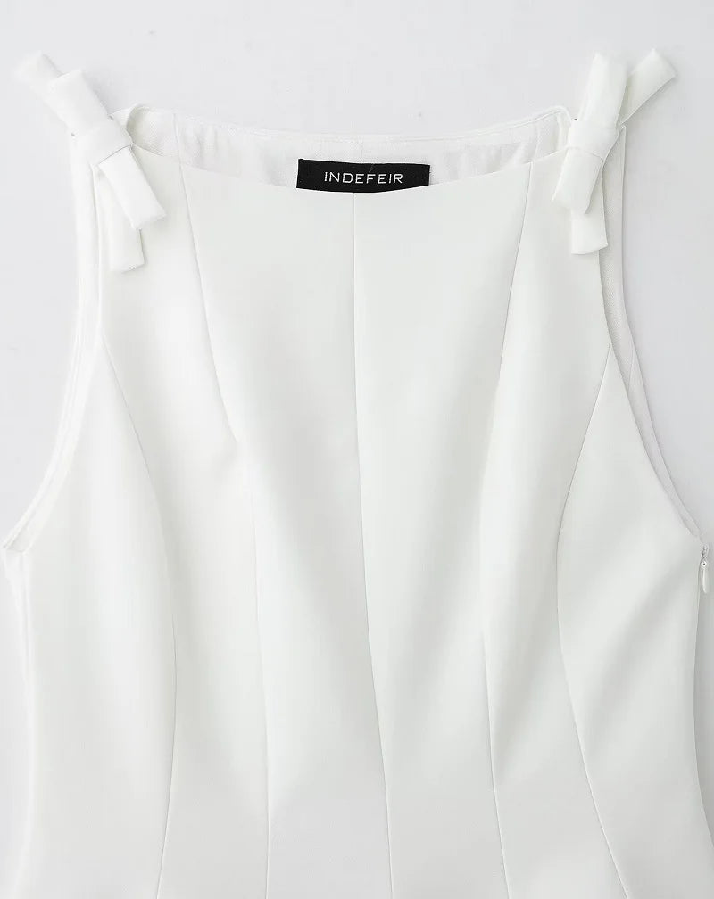 MUJER White Bow Sleeveless Tops for Women Black off Shoulder Top Female Spring Casual Tank Tops Woman 2025 Pleated Women's Tops