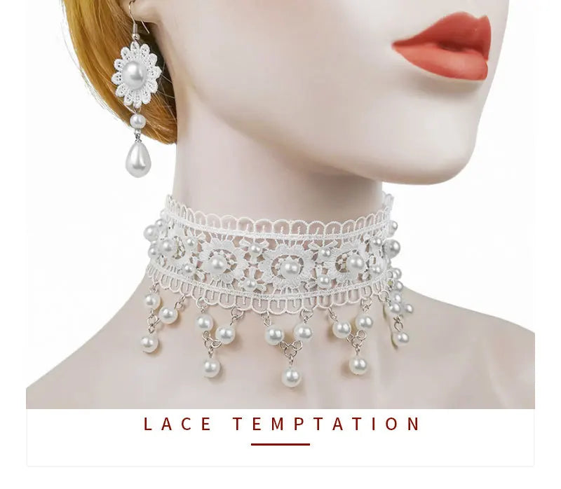 White Necklace Pearl Lace Women Fashion Necklace Earrings lolita Accessories