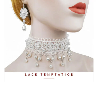 White Necklace Pearl Lace Women Fashion Necklace Earrings lolita Accessories