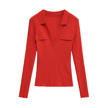 Women's Tops New Fall 2025 Solid Color Long Sleeve Lapel Slim Knit Top Sexy V-Neck Design Casual Fashion Personality Versatile