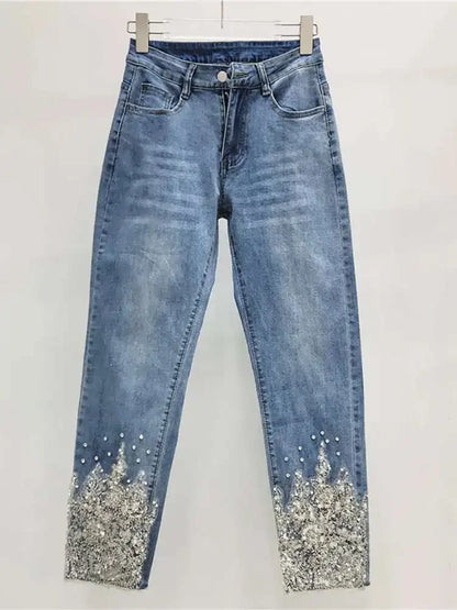 Women's Jeans High Waist Slim Hollow Out Lace Flowers Sequins Stretch Denim Pencil Pants 2025 Summer New Fashion
