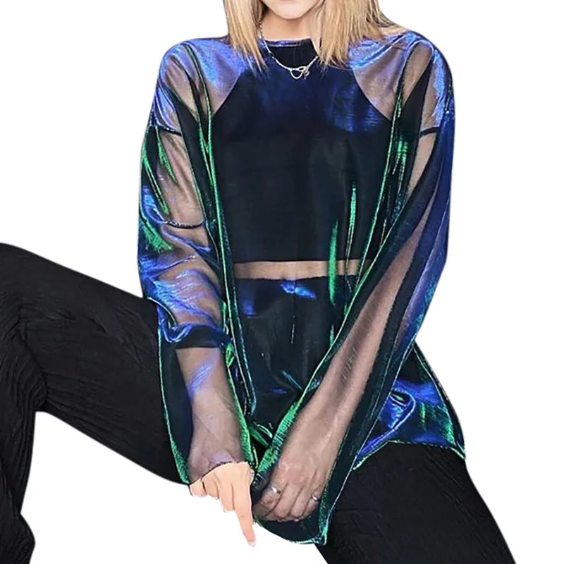 See Through T Shirts For Women Y2k Clothes Sexy Crop Tops Long Sleeve Oversized Tshirt O-Neck Club Outfit Reflective Egirl Tees