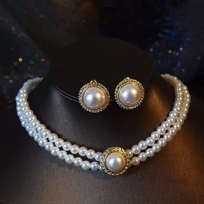 Women Elegant Pearl Double Layers Necklace Earrings Exquisite Vintage Classic Chains For Lady Party Wedding Retro Jewelry Choker