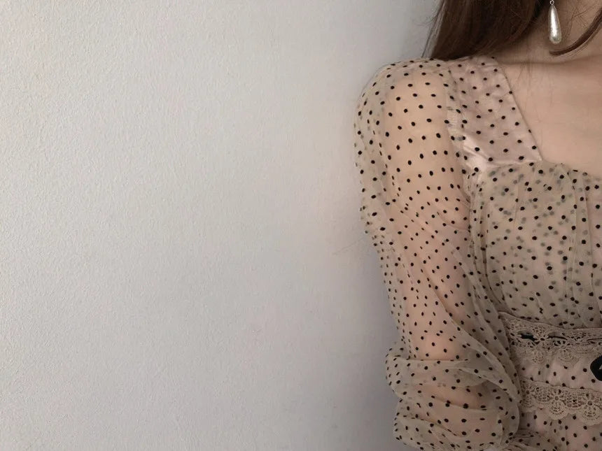 Women Clothing Vestidos Vintage Dress Elegant Square Neck High Waisted Lace Organza Polka Dot Dresses Chic Summer 2025 Slim