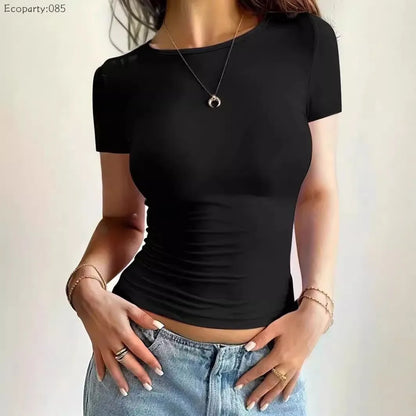 Summer Women's Tops Causal Basic T-Shirts Scoop Neck Short Sleeved Crop Tops Cute Slim Fit Tees Pullovers Clothing Y2K 2025 New