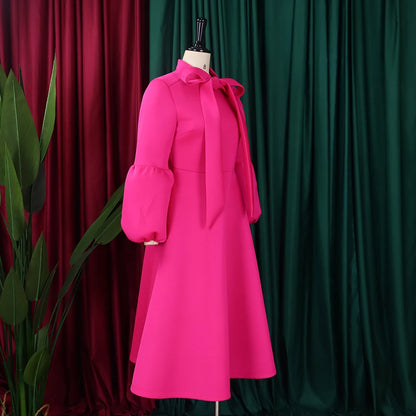Elegant Dresses for Women Bow Collar Full Sleeve High Waisted A Line Mid Calf Luxury Female Birthday Party Dinner Vestidos Mujer