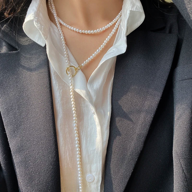 Women's Necklace White Natural Freshwater Round Long Pearl Necklace Bride Weddings Gift Pearl Sweater Chains