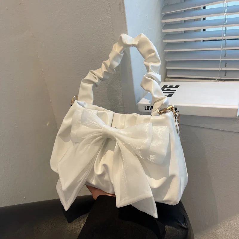 Fashion Casual Handbags For Women Cute Bow Black White Blue Kahki PU Handbags Trendy Daily Shoulder Underarm Bags bolsa feminina