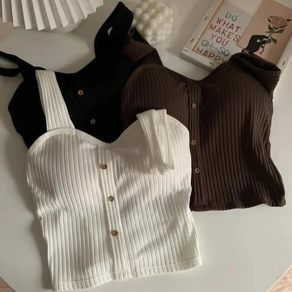 Women's Ribbed Tank Tops Y2K Cropped Tops with Bra Pads Knitted Button Down Suspenders Vest Sexy Camisole Female Short Tops