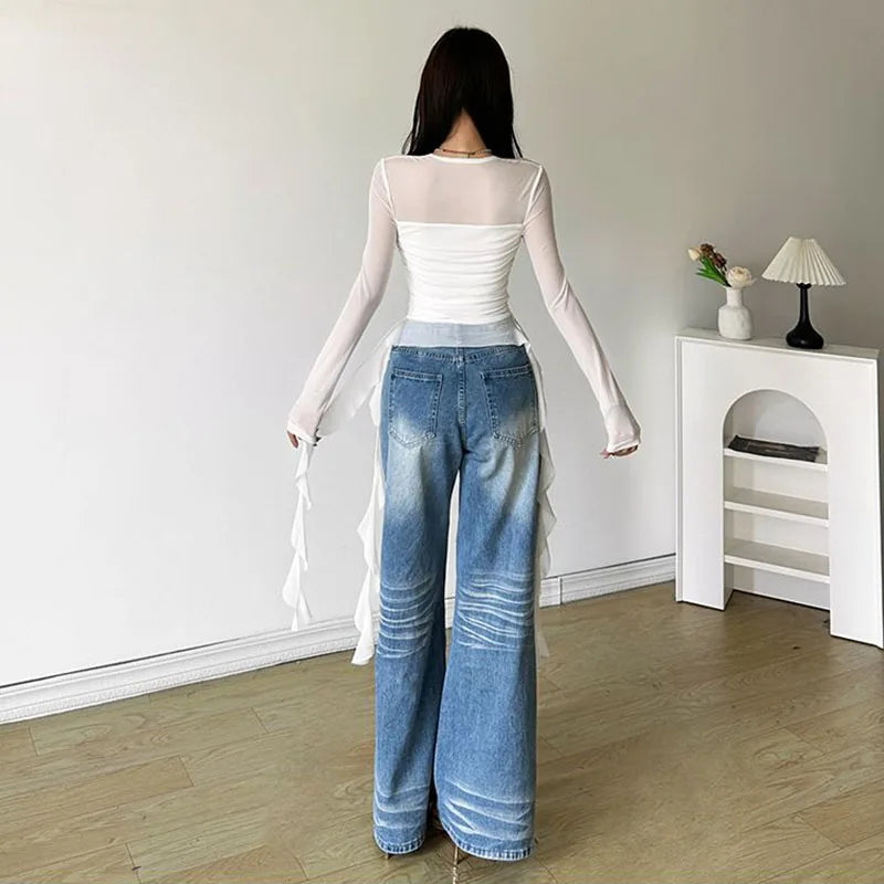 Sexy Women's Tops Fashion White Black Irregular Ribbon T-shirts for Women Long Sleeve Ruffles Slim Punk Tops Female Clothing Y2k