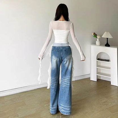 Sexy Women's Tops Fashion White Black Irregular Ribbon T-shirts for Women Long Sleeve Ruffles Slim Punk Tops Female Clothing Y2k