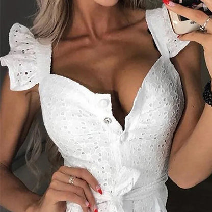 Women White Dress Lace Up Sexy Midi Vestidos Ruffles Sleeveless Bodycon Female Dresses 2022 Buttons Belt Elegant Ladies Clothes
