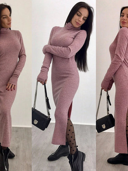 Women Elegant Turtleneck Long Dresses Fashionable Solid Color Long Dresses Slim Fit Sexy Bottom Slit Skirts Spring Autumn New