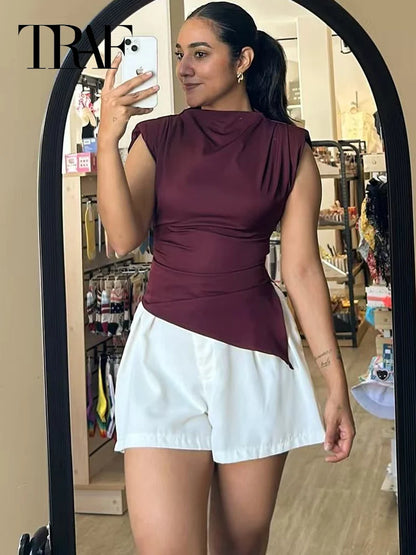TRAF Ruffled Asymmetric Tops For Women Tanks & Camis Summer 2025 Burgundy Brown Black Tank Tops Ruched O-Neck Sleeveless Vests