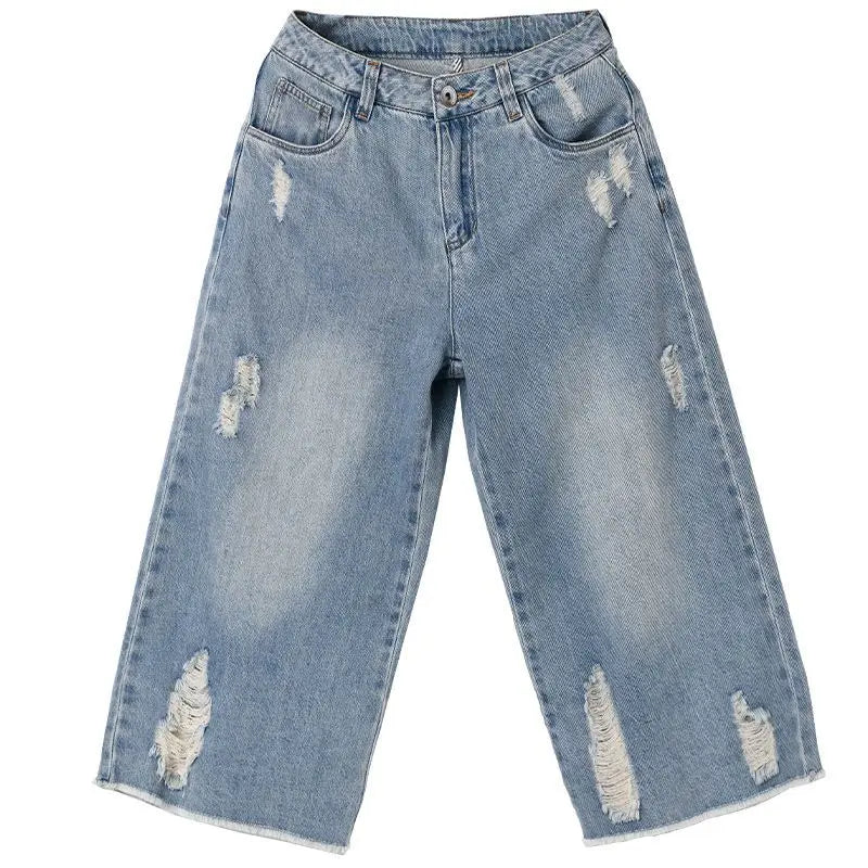 Ripped Jeans Woman Calf-Length Pants Women's Wide Legs Loose Thin Summer Retro Denim High Waist Baggy Korean Fashion Clothes New