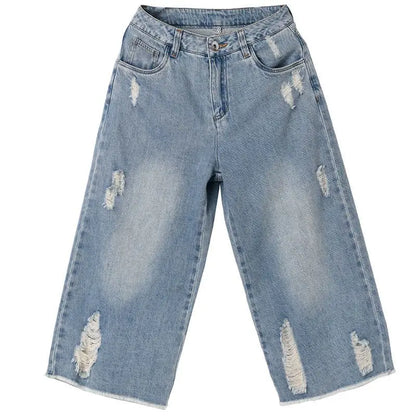 Ripped Jeans Woman Calf-Length Pants Women's Wide Legs Loose Thin Summer Retro Denim High Waist Baggy Korean Fashion Clothes New