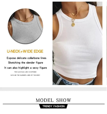 Women's Tank Top Crop Sexy Off Shoulder O Neck Solid Ribbed Knitted Casual Sport Vest Basic Elastic Camisole