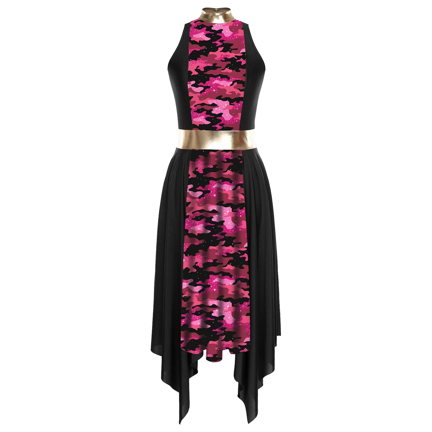 Women Modern Lyrical Dance Dress Church Choir Worship Praise Liturgical Costume Sleeveless Print Irregular Hem Gown Dancewear