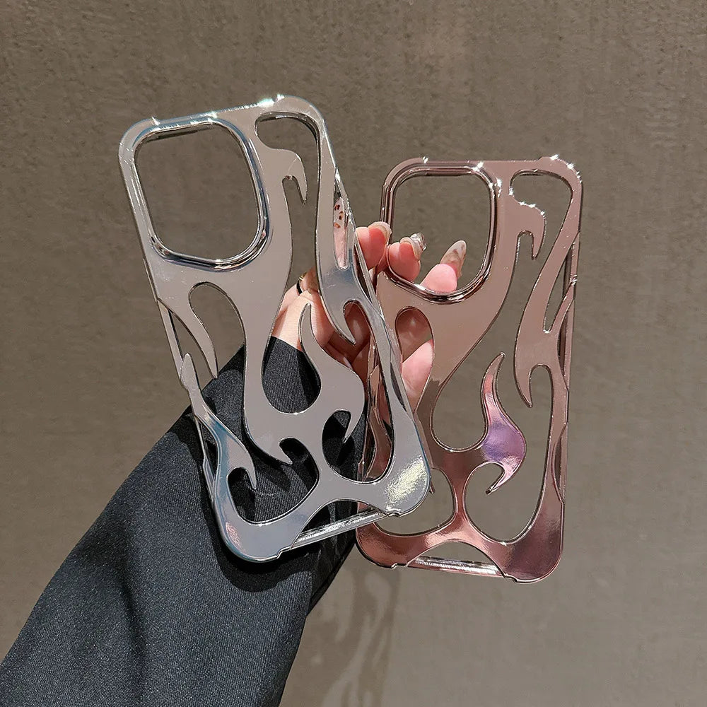 Fashion Plating 3D Hollowed Flame Phone Case For iPhone 16 15 14 13 12 11 Pro Max Fundas Creative Electroplated Soft Back Cover