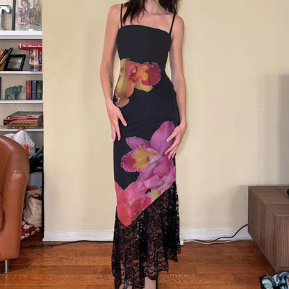 Women's Dresses New Summer Sexy Black Lace Fashion Print Sleeveless Backless Strap Maxi Dress Casual Club Elegant Female Dresses