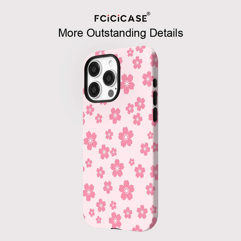 Pink Flower Pattern Case For iPhone 16 Pro Max 15 14 Plus 13 12 Pro 11 Luxury Magnetic Double-layer Shockproof Back Cover