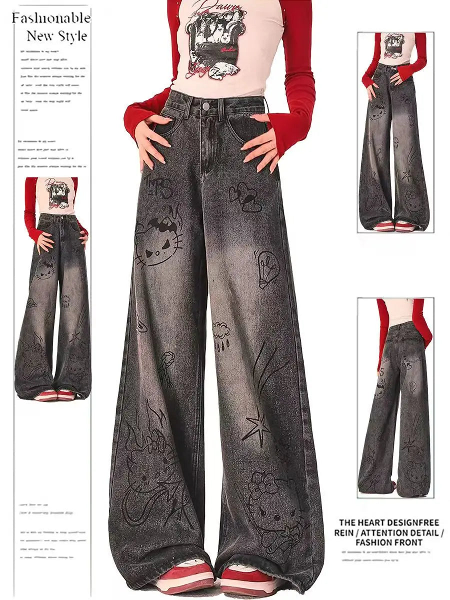 Women Clothing Black Gothic Jeans Pink Cross Y2k Oversize Loose Aesthetic Denim Trousers Harajuku Korean 2000s Jean Trashy Pants