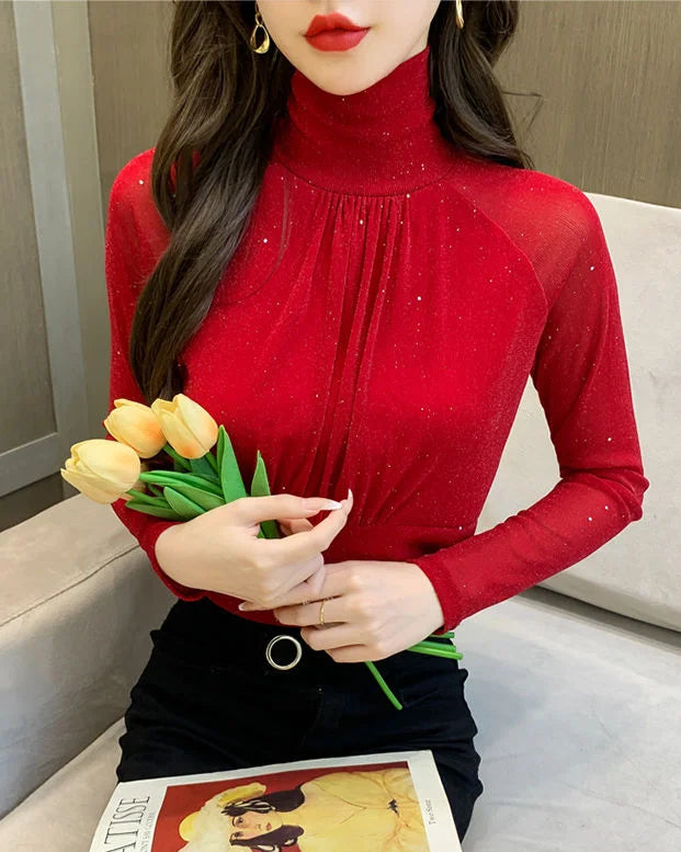 Tops Woman Autumn Winter Red Long Sleeve T Shirt for Women Rhinestone Turtleneck Glitter Sequin Cheap Clothes Elegant Clearance
