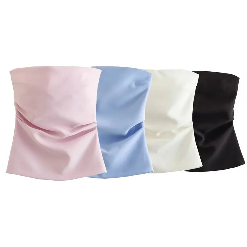 TRAF Women Top Off Shoulder Tube Top Woman Ruched Corset Crop Tops Summer Backless Pink Black White Top Strapless Sexy Tops