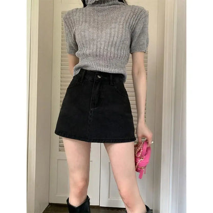 Fashion High Waist Mini Skirt Retro Slim Fit Short Skirt A-Line Casual Jean Skirt Girls