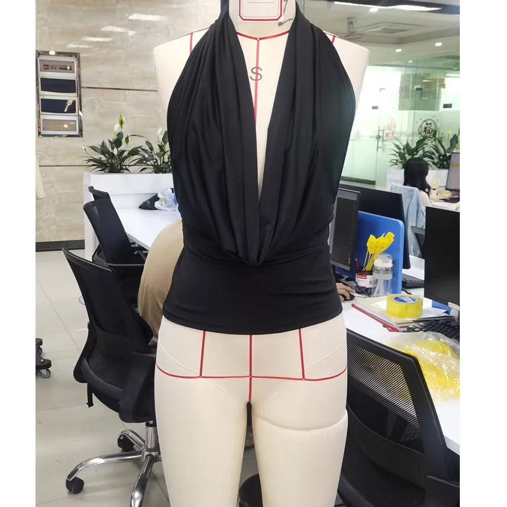 Women Cowl Neck Halter Tops Sexy Draped Front Low Cut Backless Tank Top Ruched Open Back Y2k Coquette Party Club Crop Tops