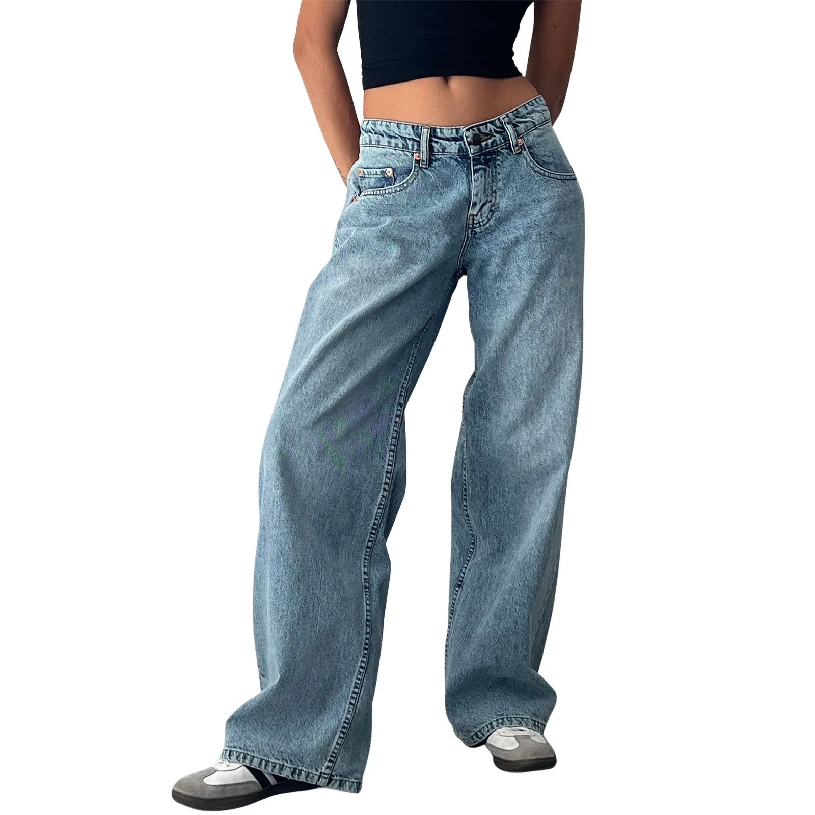 Retro Washed Jeans Women'S Design Sense Mid Waisted Straight-Leg Pants Loose Wide-Leg Mopping Pants Jeans Pants For Woman Jean