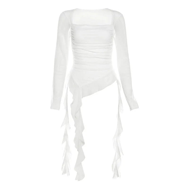 Sexy Women's Tops Fashion White Black Irregular Ribbon T-shirts for Women Long Sleeve Ruffles Slim Punk Tops Female Clothing Y2k